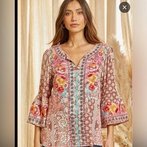 Savanna Jane Embroidery BohoTunic Bell Sleeve Blouse